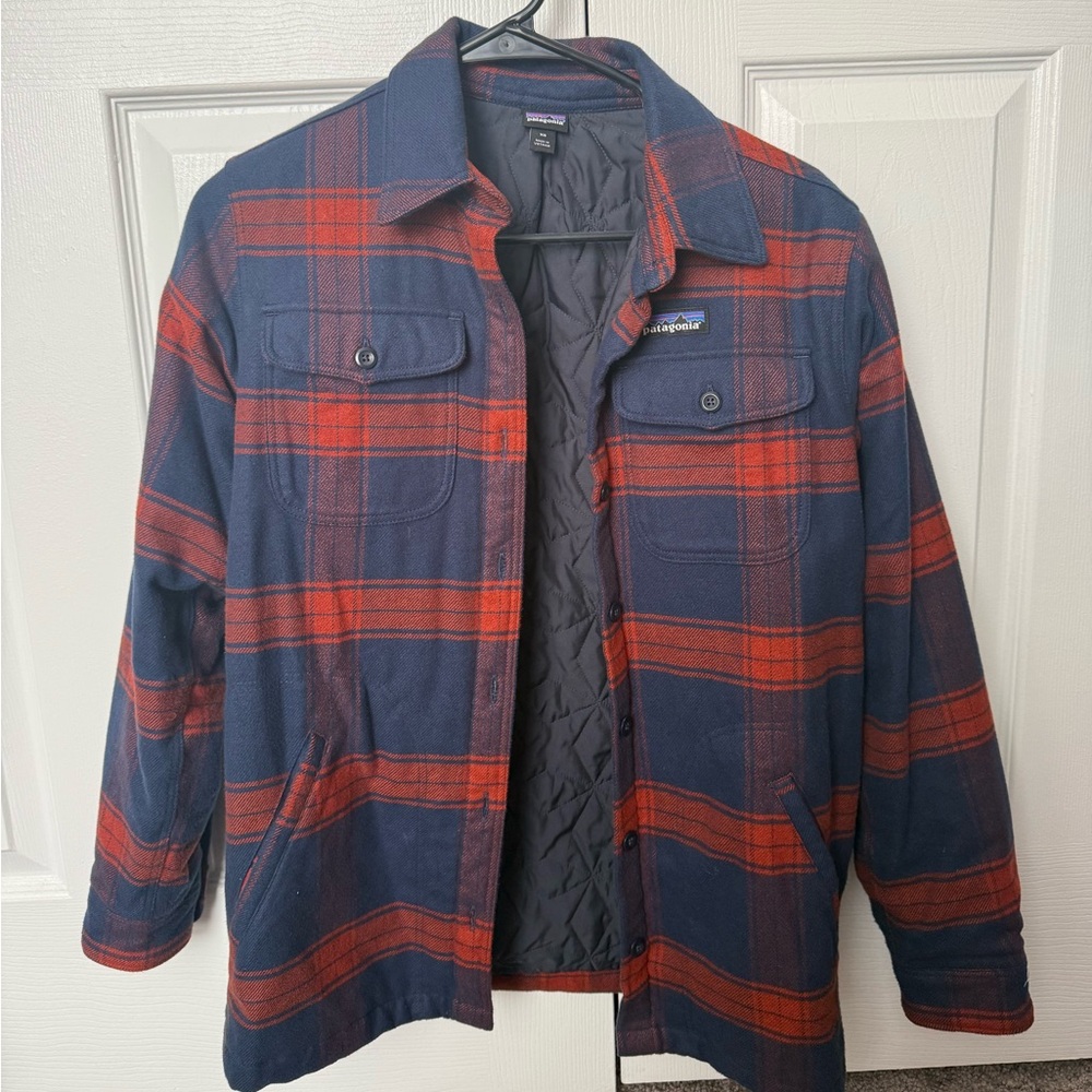 Patagonia Navy and Red Plaid Quilted Shirt Jacket